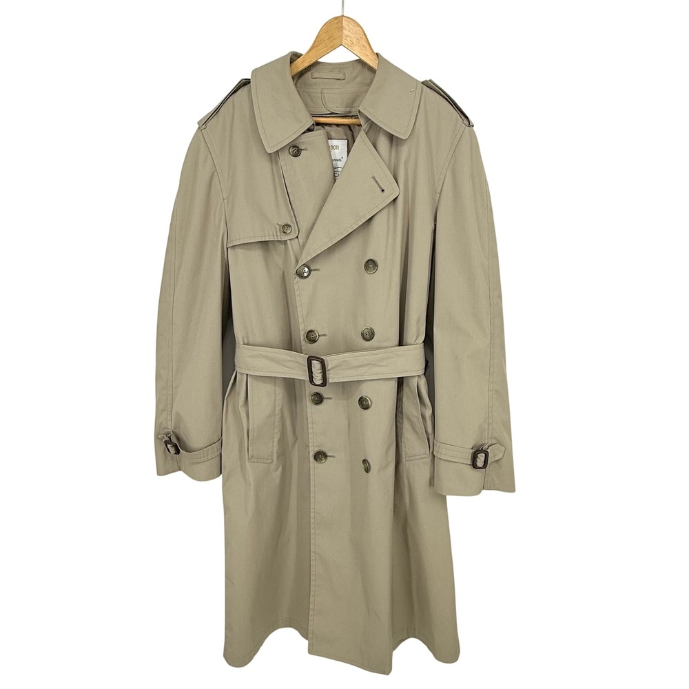 London Fog Trench Coat Mens 42 Reg Khaki Excellent Vintage Belted Maincoat USA